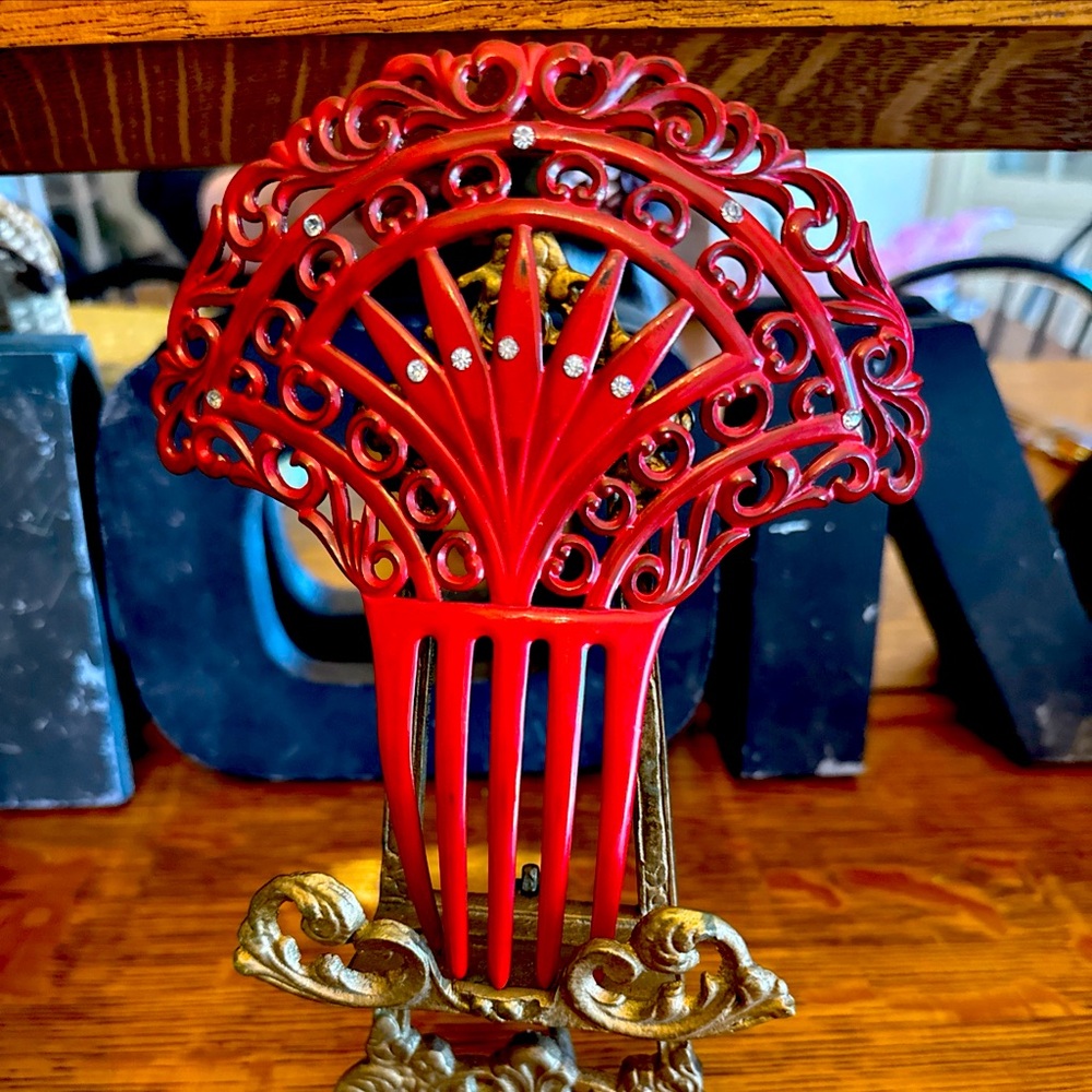 Vintage Spanish Hair Comb Red Celluloid open work fan shaped with rhinestones